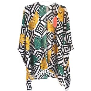 As Rose Rich Tropical Leaf Kimono Wrap Cover Up Womens Medium Black White NWT